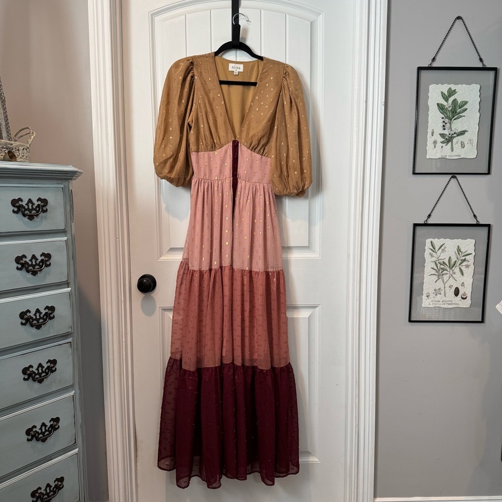 Aura Brown and Pink Tiered Button Up Maxi Dress With Shimmer and Puff Sleeves Sm